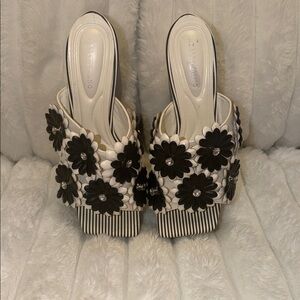 AKIRA Black and White Floral Mules
